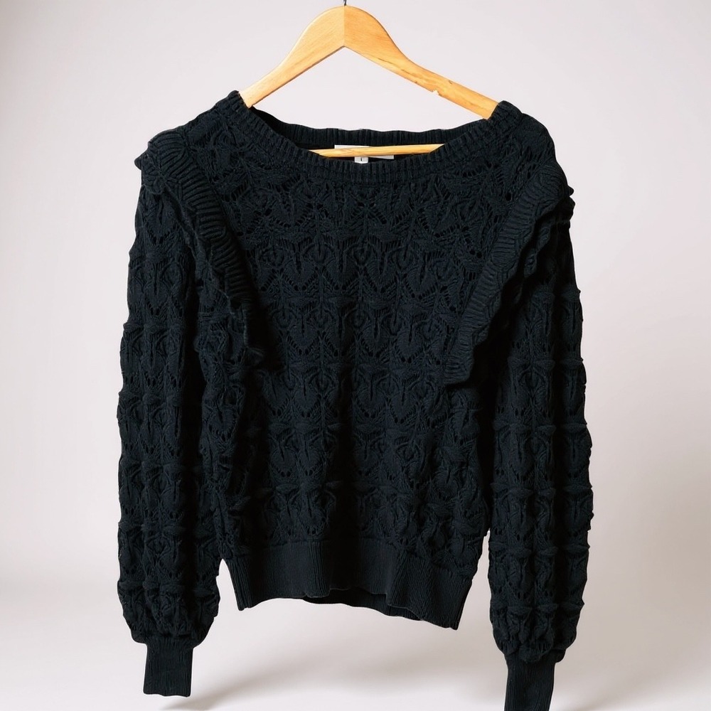 SINGLE THREAD Black Crochet Lace Knit Sweater Long Sleeve Boat Neck Large